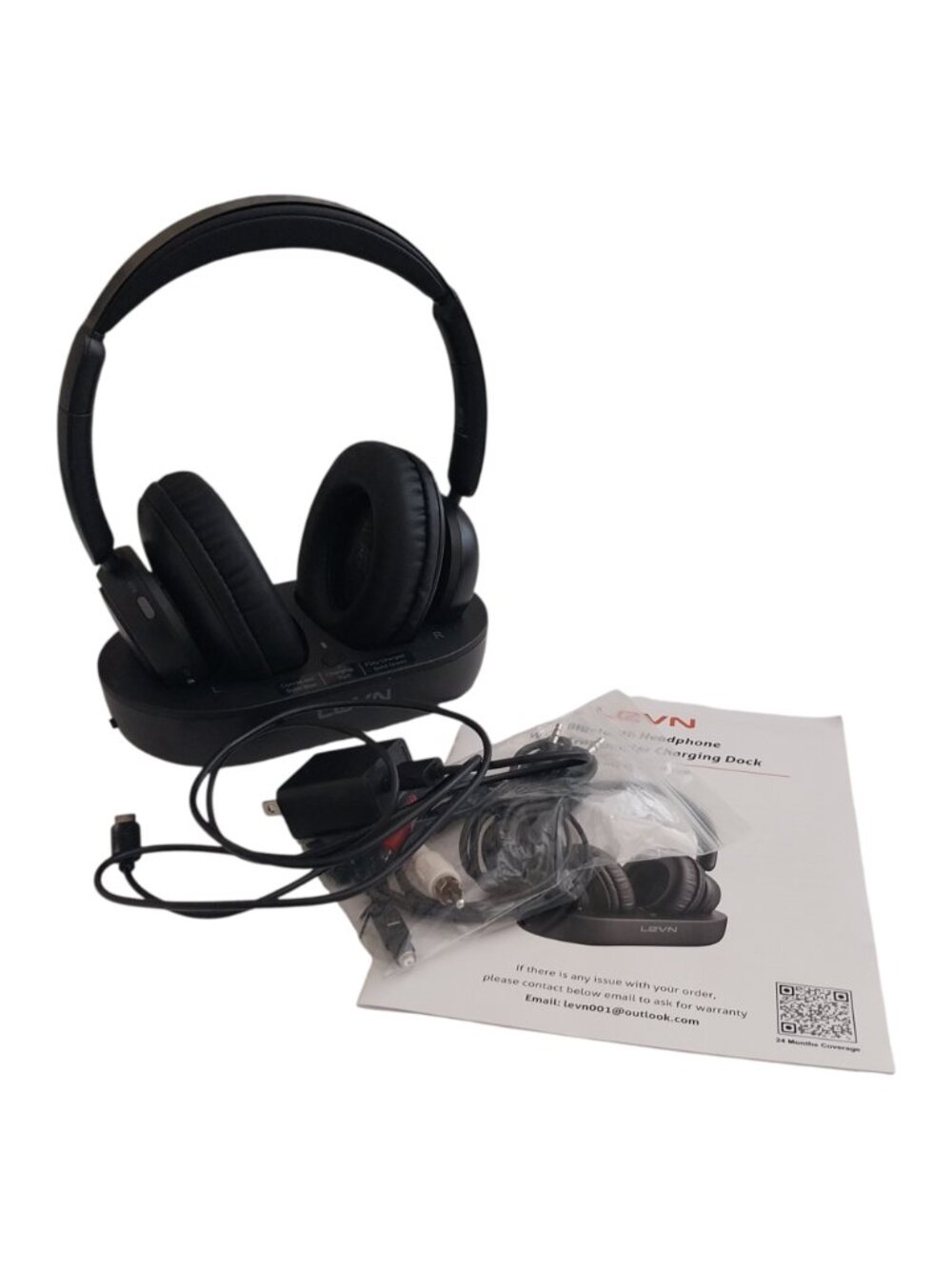 LEVN Wireless Bluetooth Headphones with Transmitter Charging Base Like New Black